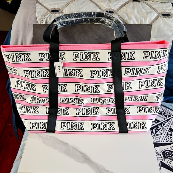 PINK Victoria's Secret Logo Tote Pink and Black NEW - Picture 5 of 13